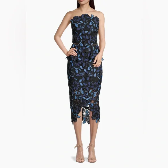 Elliatt Optics Floral Lace Peplum Dress XS Navy and Black - Picture 1 of 5